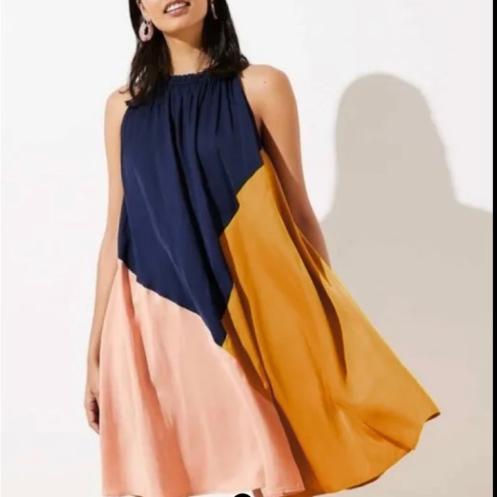 Loft Colorblock Halter Swing Dress Color: Blue/Yellow Size: M